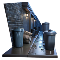 impressive vintage A dark alleyway with overflowing trash cans, rain streaking the walls, gritty urban noir scene professional png