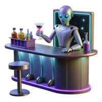 elegant creative A robotic bartender serves drinks to alien patrons in a futuristic bar. Dim, atmospheric lighting. Cyberpunk aesthetic original png