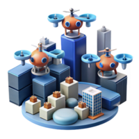 beautiful artistic A group of drones delivering packages in a futuristic city, aerial view, dynamic lighting, photorealistic style 4K png
