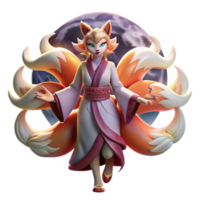 stunning creative A cunning kitsune with nine flowing tails, transforming into a beautiful woman under the light of a full moon. Ukiyo-e style original png