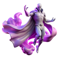 magnificent minimalist A spectral superhero with flowing, ethereal robes, phasing through a wall, surrounded by a hazy, purple aura, in a surreal, dreamlike style exclusive png