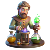 dramatic rustic A medieval alchemist mixing potions in his laboratory, lit by the glow of his equipment. Mystical, fantasy art style professional png