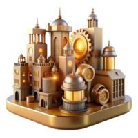 stunning rustic A steampunk cityscape, towering clockwork buildings, cogs and gears visible, bathed in the warm glow of gaslight professional png
