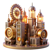 impressive modern A steampunk cityscape, towering clockwork buildings, cogs and gears visible, bathed in the warm glow of gaslight high resolution png