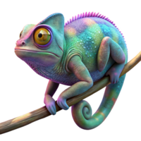 dramatic artistic A chameleon perched on a branch, vibrant, iridescent skin, bokeh background effect but without any actual background elements, macro photography style 4K png