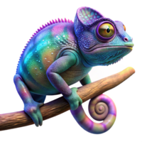 vibrant traditional A chameleon perched on a branch, vibrant, iridescent skin, bokeh background effect but without any actual background elements, macro photography style premium png