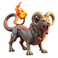 impressive creative A fearsome chimera, with a lion's head, a goat's body, and a serpent's tail, breathing fire, lit by a dramatic red glow. Surrealist style original png