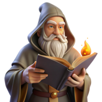 elegant traditional A wise old wizard with a long white beard, reading from an ancient tome, warm firelight. Classical painting style exclusive png