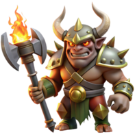 dramatic artistic A fearsome orc chieftain wearing a horned helmet, wielding a massive battleaxe, dramatic firelight. Realistic painting style professional png