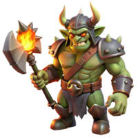 wonderful creative A fearsome orc chieftain wearing a horned helmet, wielding a massive battleaxe, dramatic firelight. Realistic painting style authentic png