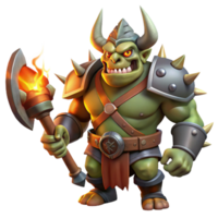 extraordinary modern A fearsome orc chieftain wearing a horned helmet, wielding a massive battleaxe, dramatic firelight. Realistic painting style 4K png