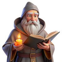 wonderful modern A wise old wizard with a long white beard, reading from an ancient tome, warm firelight. Classical painting style 4K png