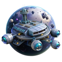 vibrant creative A giant space station orbiting a binary star system, with smaller ships docking and departing. Bright lighting, photorealistic style premium png