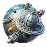 wonderful artistic A giant space station orbiting a binary star system, with smaller ships docking and departing. Bright lighting, photorealistic style high quality png