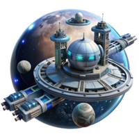 stunning creative A giant space station orbiting a binary star system, with smaller ships docking and departing. Bright lighting, photorealistic style high quality png