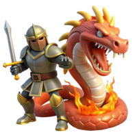 beautiful traditional A brave knight in shining armor, battling a monstrous hydra, lit by the fiery breath of the beast. Chivalric romance style professional png