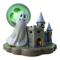 beautiful contemporary A melancholic ghost with translucent form, floating through a ruined castle, lit by the spectral glow of the moon. Gothic horror style high quality png