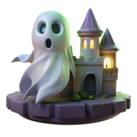 impressive traditional A melancholic ghost with translucent form, floating through a ruined castle, lit by the spectral glow of the moon. Gothic horror style high quality png