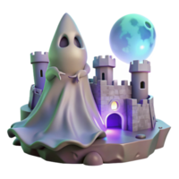 impressive creative A melancholic ghost with translucent form, floating through a ruined castle, lit by the spectral glow of the moon. Gothic horror style original png