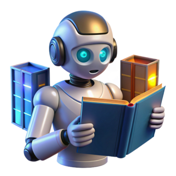 drammatico astratto un' robot bibliotecario organizzazione digitale libri nel un' virtuale biblioteca, illuminato di olografico luce, nel un' futuristico stile alto qualità png