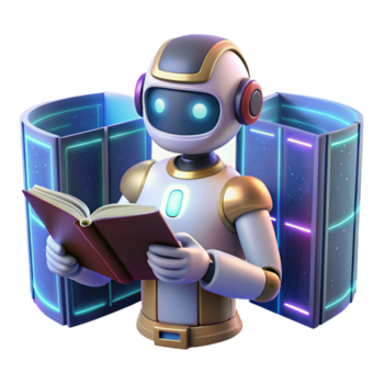 sereno artistico un' robot bibliotecario organizzazione digitale libri nel un' virtuale biblioteca, illuminato di olografico luce, nel un' futuristico stile genuino png