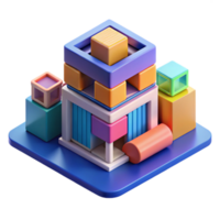 dramatic vintage Isometric projection of a complex modular building system, vibrant colors, abstract geometric shapes, playful and dynamic, architectural illustration, authentic png