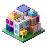magnificent artistic Isometric projection of a complex modular building system, vibrant colors, abstract geometric shapes, playful and dynamic, architectural illustration, exclusive png