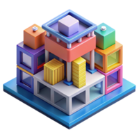 impressive rustic Isometric projection of a complex modular building system, vibrant colors, abstract geometric shapes, playful and dynamic, architectural illustration, authentic png
