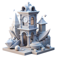 serene traditional Deconstructed clock tower, fragmented and distorted forms, surreal and dreamlike, soft lighting, detailed png