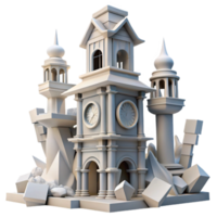 elegant traditional Deconstructed clock tower, fragmented and distorted forms, surreal and dreamlike, soft lighting, premium png