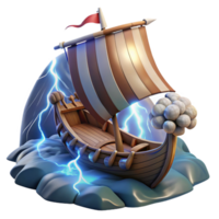 elegant traditional A Viking longship sailing through a stormy fjord, its sails billowing in the wind, lit by dramatic lightning strikes, in the style of Nordic art high resolution png
