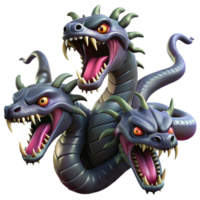 elegant creative A fearsome hydra with multiple serpentine heads, dripping venom, against a backdrop of stormy clouds. Dark fantasy style premium png