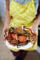 Housewife holds a plate of boiled crabs in her hands. Cropped. Faceless photo