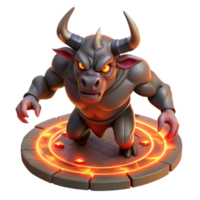 wonderful artistic A powerful minotaur with glowing red eyes, charging through a dark labyrinth, illuminated by torches, in a dynamic, comic book style exclusive png