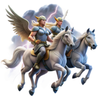 serene creative A group of Valkyries riding winged horses, carrying fallen warriors to Valhalla, under a stormy sky, lit by lightning, in a dramatic, Norse mythology style high quality png