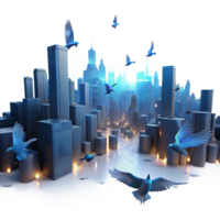 wonderful vintage A flock of bioluminescent birds flies over a desolate cityscape at dusk, ethereal, surreal, soft lighting exclusive png
