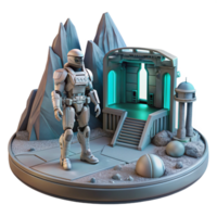 vibrant traditional A lone figure in a power armor suit stands guard over a settlement built within a crashed spaceship, futuristic, sci-fi, dramatic lighting exclusive png