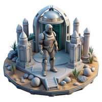 beautiful contemporary A lone figure in a power armor suit stands guard over a settlement built within a crashed spaceship, futuristic, sci-fi, dramatic lighting exclusive png