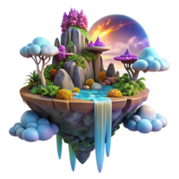 wonderful vintage A floating island in a vibrant alien sky, covered in exotic flora and waterfalls cascading into the clouds below. Lit by a binary sunset. Style fantasy art high resolution png