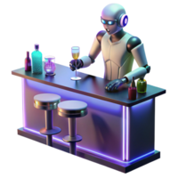 dramatic rustic A robotic bartender polishing glasses in a neon-lit bar, with holographic patrons conversing in the background. Cyberpunk, low-key lighting, realistic high resolution png