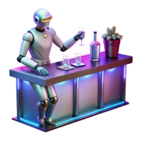 vibrant creative A robotic bartender polishing glasses in a neon-lit bar, with holographic patrons conversing in the background. Cyberpunk, low-key lighting, realistic high quality png