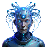 stunning abstract A cyborg with intricate wiring and exposed circuitry, illuminated by the blue glow of a data stream flowing through their head. Cyberpunk, biopunk, dark premium png