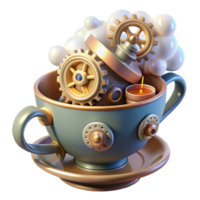 extraordinary minimalist A whimsical steampunk teacup, overflowing with gears and cogs, steam rising, lit by a soft, diffused light authentic png
