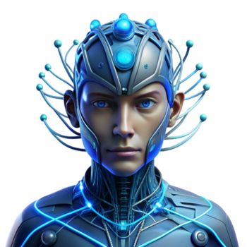 elegante clássico uma cyborg com intrincado fiação e exposto circuitos, iluminado de a azul brilho do uma dados corrente fluindo através seus cabeça. cyberpunk, biopunk, Sombrio Prêmio png