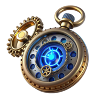 elegant traditional A steampunk pocket watch, intricate gears and cogs, roman numerals, glowing blue energy core, close-up, ray tracing, octane render authentic png