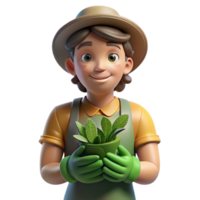 dramatic modern Portrait of a gardener with dirt on their hands and a peaceful expression, lit by sunlight filtering through leaves, in an impressionistic style detailed png