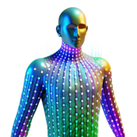 vibrant contemporary A stream of binary code flowing through a transparent, human-like figure, illuminated by a vibrant, multicolored light show, in a digital art style premium png