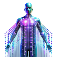 dramatic rustic A stream of binary code flowing through a transparent, human-like figure, illuminated by a vibrant, multicolored light show, in a digital art style high quality png