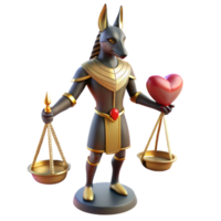 serene contemporary A mysterious Anubis with a jackal head and human body, weighing a heart on a scale, Egyptian style, shadowy lighting professional png