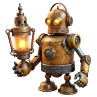 serene vintage A rusty, steampunk robot with intricate gears and glowing vacuum tubes, holding a flickering oil lamp, in a dimly lit workshop setting, rendered in a vintage illustration style genuine png